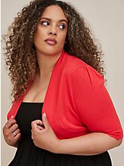 Plus Size Shrug 3/4 Sleeve Scallop Fitted Sweater, RED, hi-res