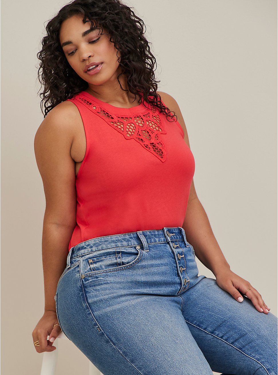 Plus Size Embroidered Tank - Cotton-Blend Red, RED, hi-res