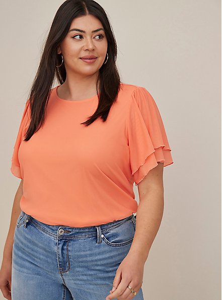 Plus Size Double Flutter Sleeve Tee - Stretch Mesh & Stretch Challis Coral, PINK, hi-res