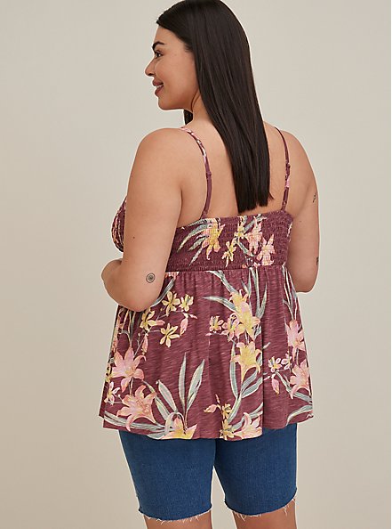 Plus Size Smocked Babydoll Tank - Mesh Floral Dusty Red, OTHER PRINTS, alternate