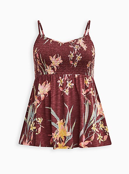 Smocked Babydoll Tank - Mesh Floral Dusty Red, OTHER PRINTS, hi-res