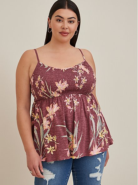 Plus Size Smocked Babydoll Tank - Mesh Floral Dusty Red, OTHER PRINTS, hi-res