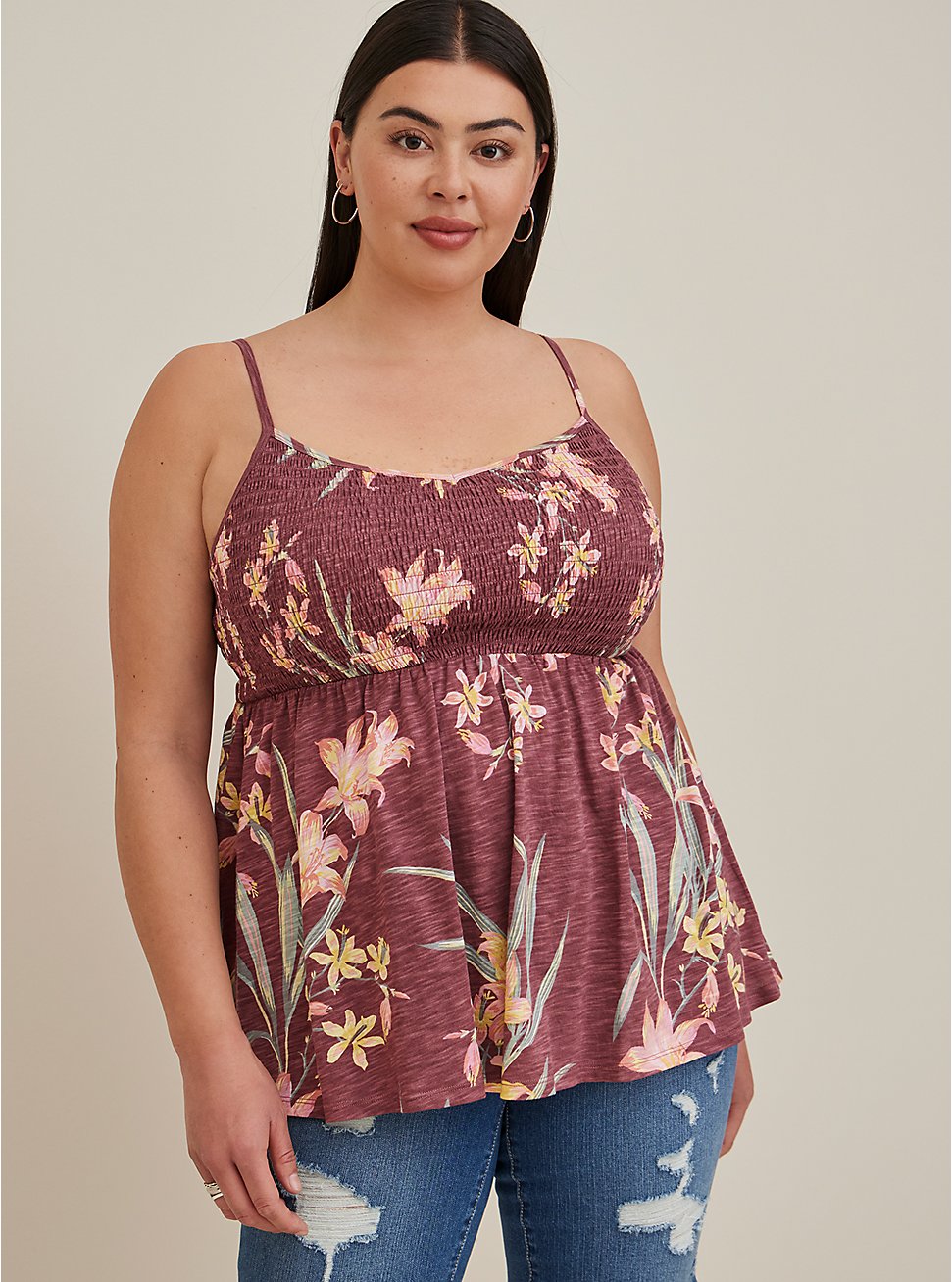 Plus Size Smocked Babydoll Tank - Mesh Floral Dusty Red, OTHER PRINTS, hi-res