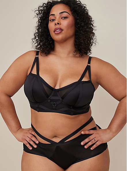 Plus Size Strappy Satin Tanga Panty With Open Bum, RICH BLACK, hi-res