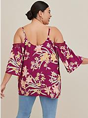 Plus Size 3/4 Sleeve Cold Shoulder Blouse - Challis Floral Purple, FLORAL - PURPLE, alternate