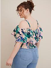 Plus Size Ruffle Cold Shoulder Crop Top - Crinkle Gauze Palms Pink, FLORAL - TAUPE, alternate
