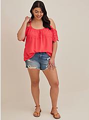 Plus Size Eyelet Embroidery Cold Shoulder Blouse - Challis Berry Pink, TEABERRY, alternate