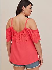 Plus Size Eyelet Embroidery Cold Shoulder Blouse - Challis Berry Pink, TEABERRY, alternate
