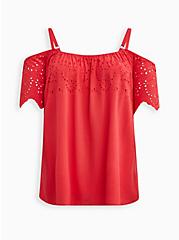 Plus Size Eyelet Embroidery Cold Shoulder Blouse - Challis Berry Pink, TEABERRY, hi-res