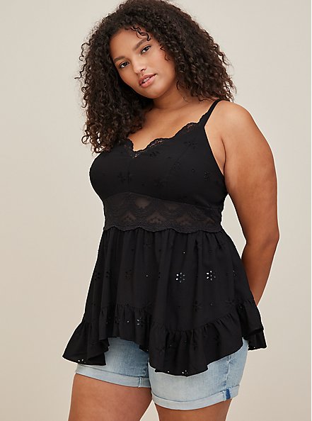 Babydoll Eyelet With Lace Detail Top, DEEP BLACK, alternate