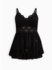 Plus Size Babydoll Eyelet With Lace Detail Top, DEEP BLACK, hi-res