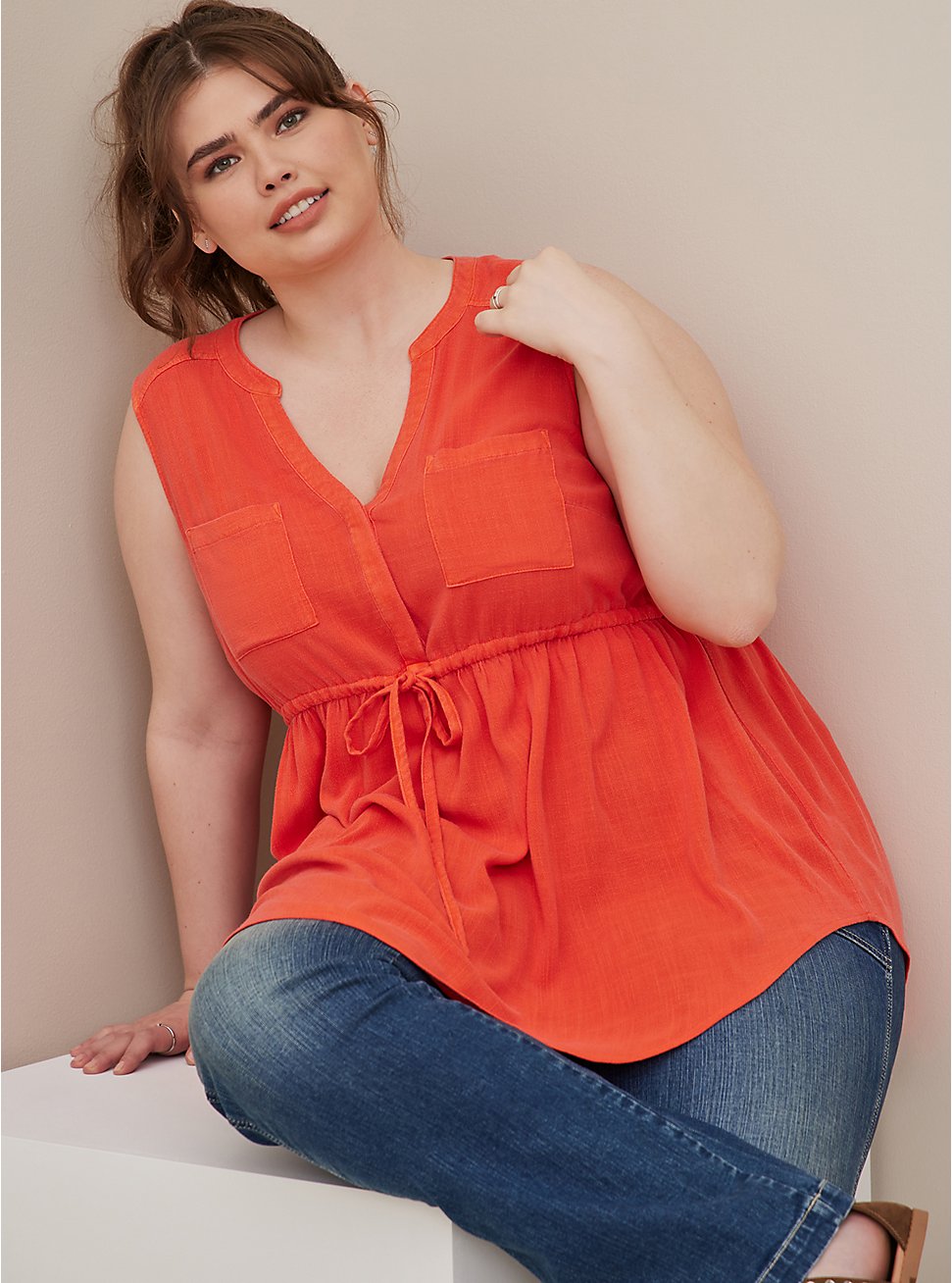 Plus Size Emma Babydoll Tank - Textured Stretch Rayon Orange Wash, RED, hi-res