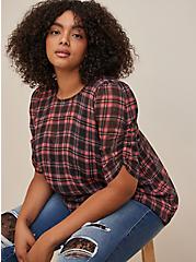 Chiffon Lurex Ruched Sleeve Blouse, PLAID RED, hi-res