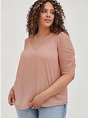 Plus Size Ruched Sleeve Blouse - Lurex Dot Chiffon Pink, PINK, hi-res