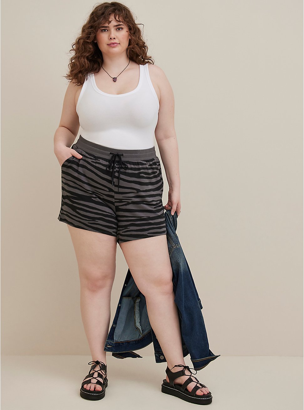 Plus Size Lovesick Pull-On Short - French Terry Tiger Stripe Grey, GREY, hi-res