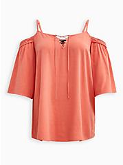 Plus Size 3/4 Sleeve Cold Shoulder Blouse - Challis Orange Wash, FUSION CORAL, hi-res