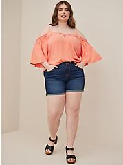 Plus Size 3/4 Sleeve Cold Shoulder Blouse - Challis Orange Wash, FUSION CORAL, hi-res