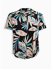Plus Size Button Down Shirt - Stretch Challis Summer Leaves Black, FLORAL - BLACK, hi-res