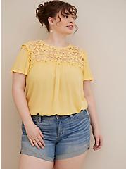 Plus Size Flutter Sleeve Crochet Blouse - Crinkle Gauze Yellow, YELLOW, alternate