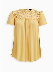 Plus Size Flutter Sleeve Crochet Blouse - Crinkle Gauze Yellow, YELLOW, hi-res