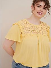 Plus Size Flutter Sleeve Crochet Blouse - Crinkle Gauze Yellow, YELLOW, hi-res
