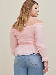 Plus Size Off Shoulder Smocked Crop Blouse - Crinkle Chiffon Pink, PINK, alternate