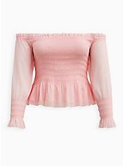 Plus Size Off Shoulder Smocked Crop Blouse - Crinkle Chiffon Pink, PINK, hi-res