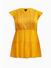 Plus Size Crochet Trim Tiered Blouse - Swiss Dot Chiffon Yellow, YELLOW, hi-res