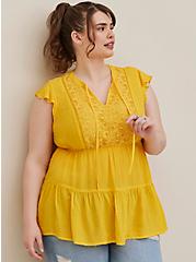 Plus Size Crochet Trim Tiered Blouse - Swiss Dot Chiffon Yellow, YELLOW, hi-res