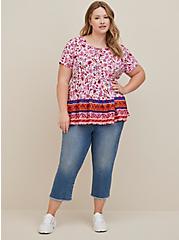 Plus Size Tie Front Babydoll Tunic - Textured Stretch Rayon Pink Floral, MULTI, alternate