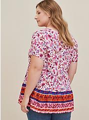 Plus Size Tie Front Babydoll Tunic - Textured Stretch Rayon Pink Floral, MULTI, alternate