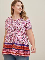 Plus Size Tie Front Babydoll Tunic - Textured Stretch Rayon Pink Floral, MULTI, hi-res