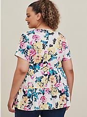 Plus Size Tie Front Babydoll Tunic - Textured Stretch Rayon White Floral, FLORALS-WHITE, alternate
