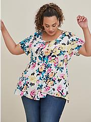 Plus Size Tie Front Babydoll Tunic - Textured Stretch Rayon White Floral, FLORALS-WHITE, alternate