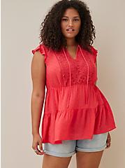 Plus Size Crochet Trim Tiered Blouse - Swiss Dot Chiffon Berry Pink, TEABERRY, alternate