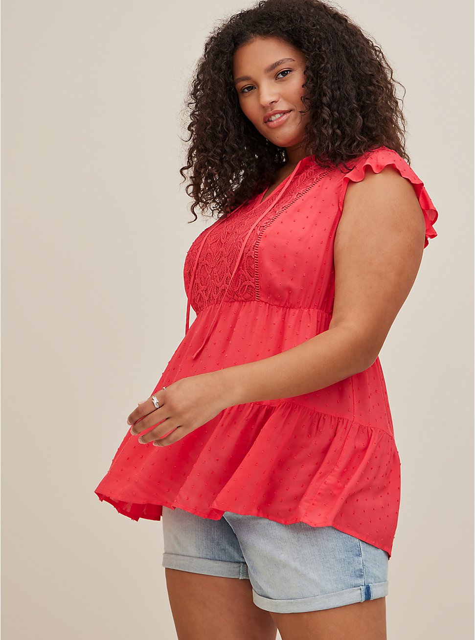 Plus Size Crochet Trim Tiered Blouse - Swiss Dot Chiffon Berry Pink, TEABERRY, hi-res