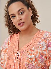 Plus Size Lace Up Babydoll Tunic - Crinkle Gauze Floral Peach, FLORAL - PEACH, alternate