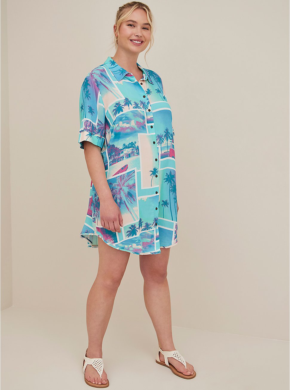 Plus Size Shirt Dress Cover-Up - Gauze Tropical Blue, MULTI, hi-res