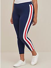 Plus Size 27" Full Length Signature Waistband Premium Legging - Side Stripe Navy & Red, BLUE, alternate