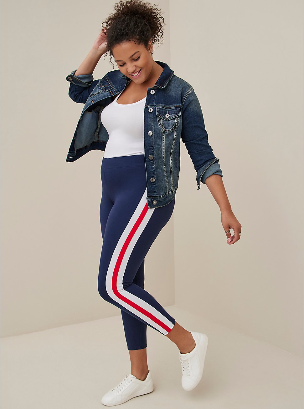 Plus Size 27" Full Length Signature Waistband Premium Legging - Side Stripe Navy & Red, BLUE, hi-res
