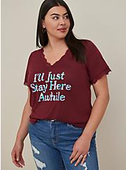 Plus Size V-Neck Tee - Lace & Feather Soft Stay Awhile Burgundy, ZINFANDEL, hi-res