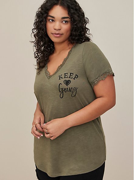 Plus Size V-Neck Tee - Lace & Feather Soft Keep Going Dusty Olive, DUSTY OLIVE, hi-res