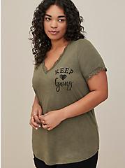 Plus Size V-Neck Tee - Lace & Feather Soft Keep Going Dusty Olive, DUSTY OLIVE, hi-res