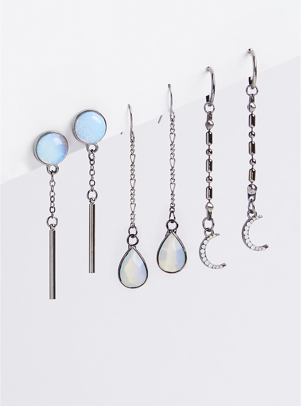 Plus Size Opal & Moon Linear Earring Set of 3 - Silver Tone, , hi-res