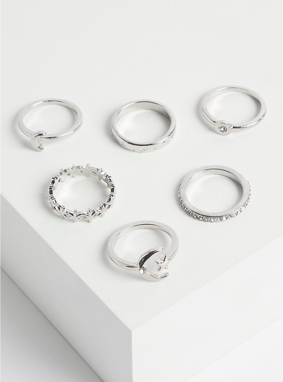 Plus Size Star & Moon Ring Set of 6, SILVER, hi-res