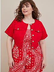 Plus Size Collarless Jacket - Denim Red, RACING RED, alternate
