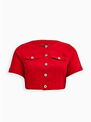 Plus Size Collarless Jacket - Denim Red, RACING RED, hi-res