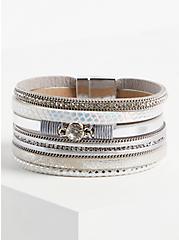 Plus Size Metallic Faux Leather Magnetic Bracelet , SILVER, hi-res
