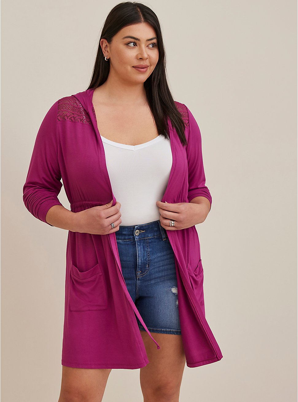 Plus Size Anorak Lace Cardigan - Super Soft Purple , PURPLE, hi-res