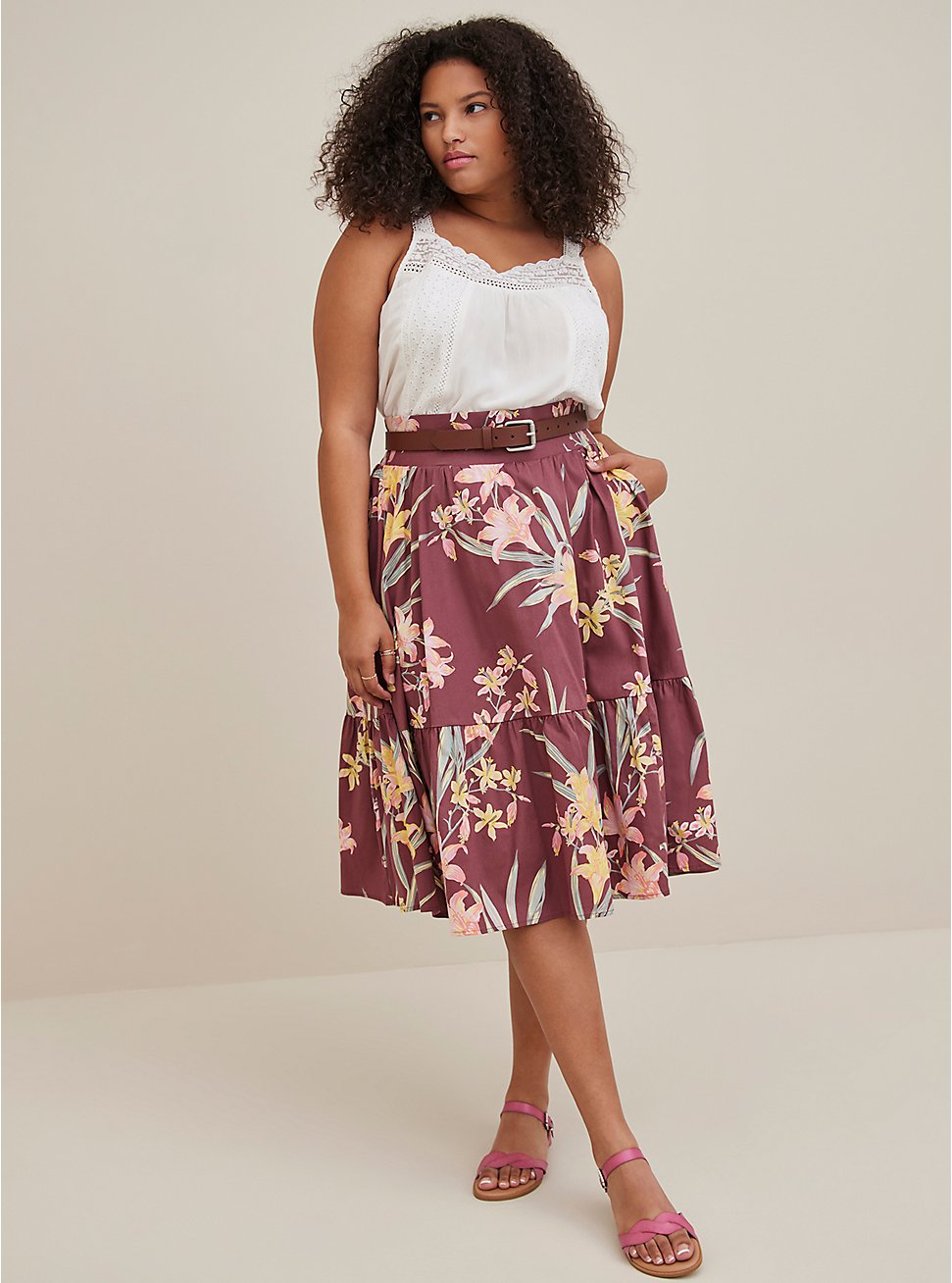 Plus Size High Waisted Tiered Midi Skirt - Poplin Floral Dusty Purple, FLORAL - PURPLE, hi-res